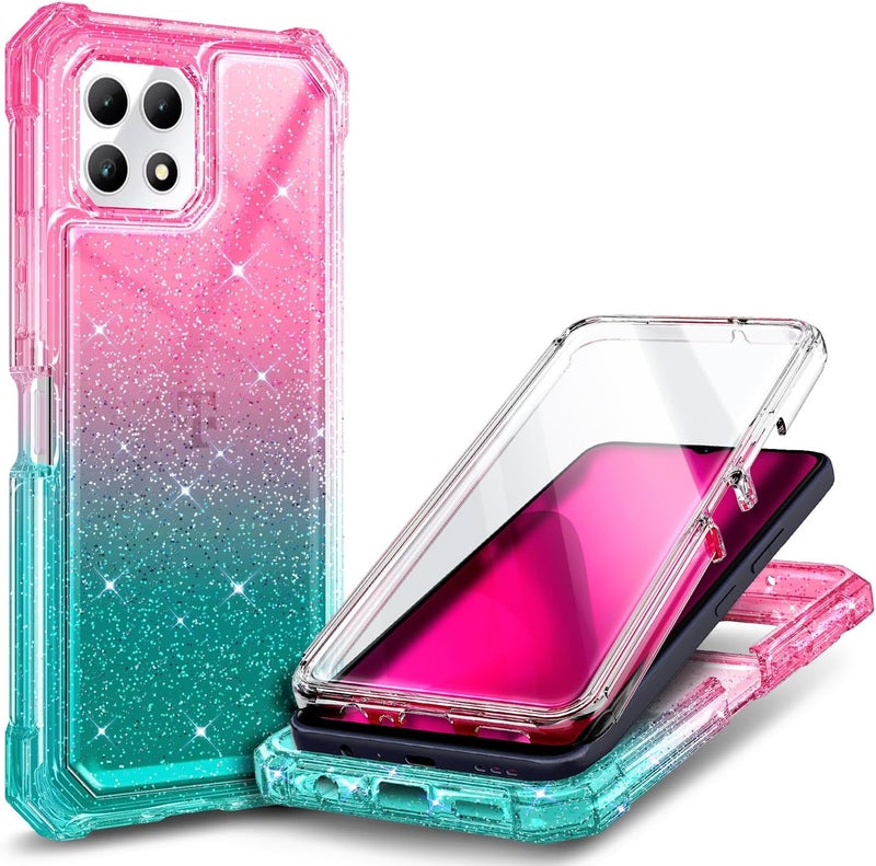 NZND Designed for T-Mobile REVVL 7 Phone Case (REVVL 7 5G), Glitter Pink/Aqua | with Screen Protector, Full-Body Shockproof Protective Rugged Impact Resist Bumper Cover - Image 1